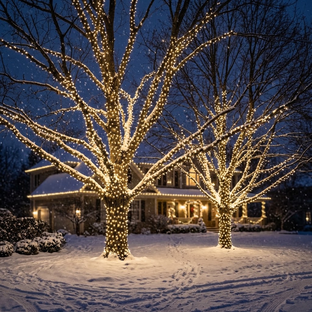 Trees wrapped in warm white lights