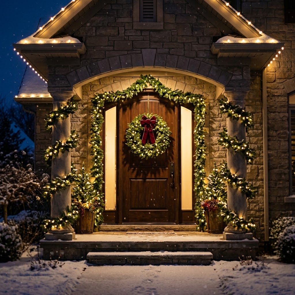 A front entry with wreath and garland
