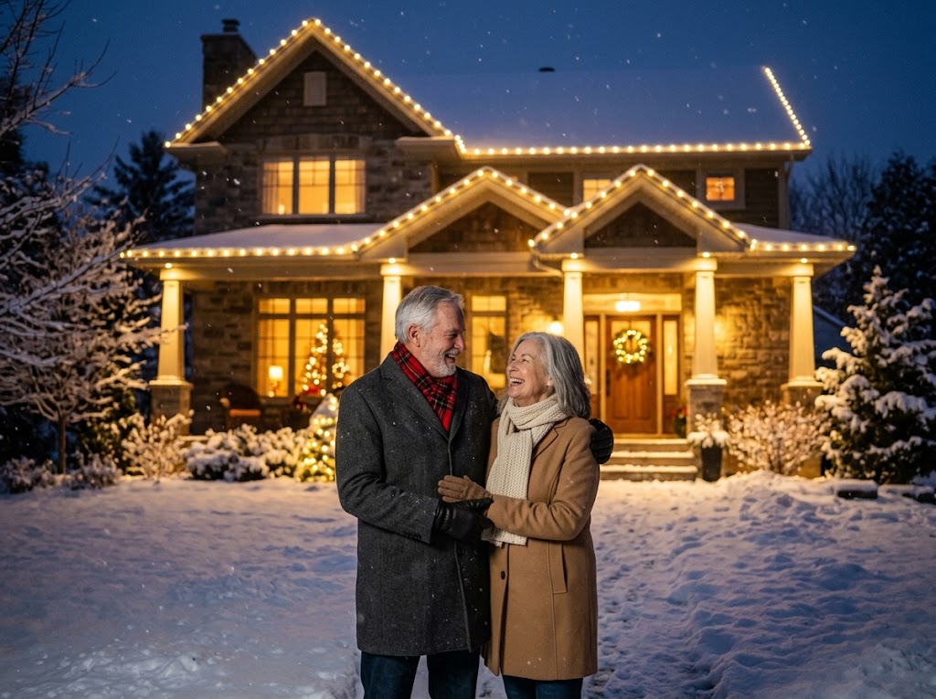An older couple in front of their lit home