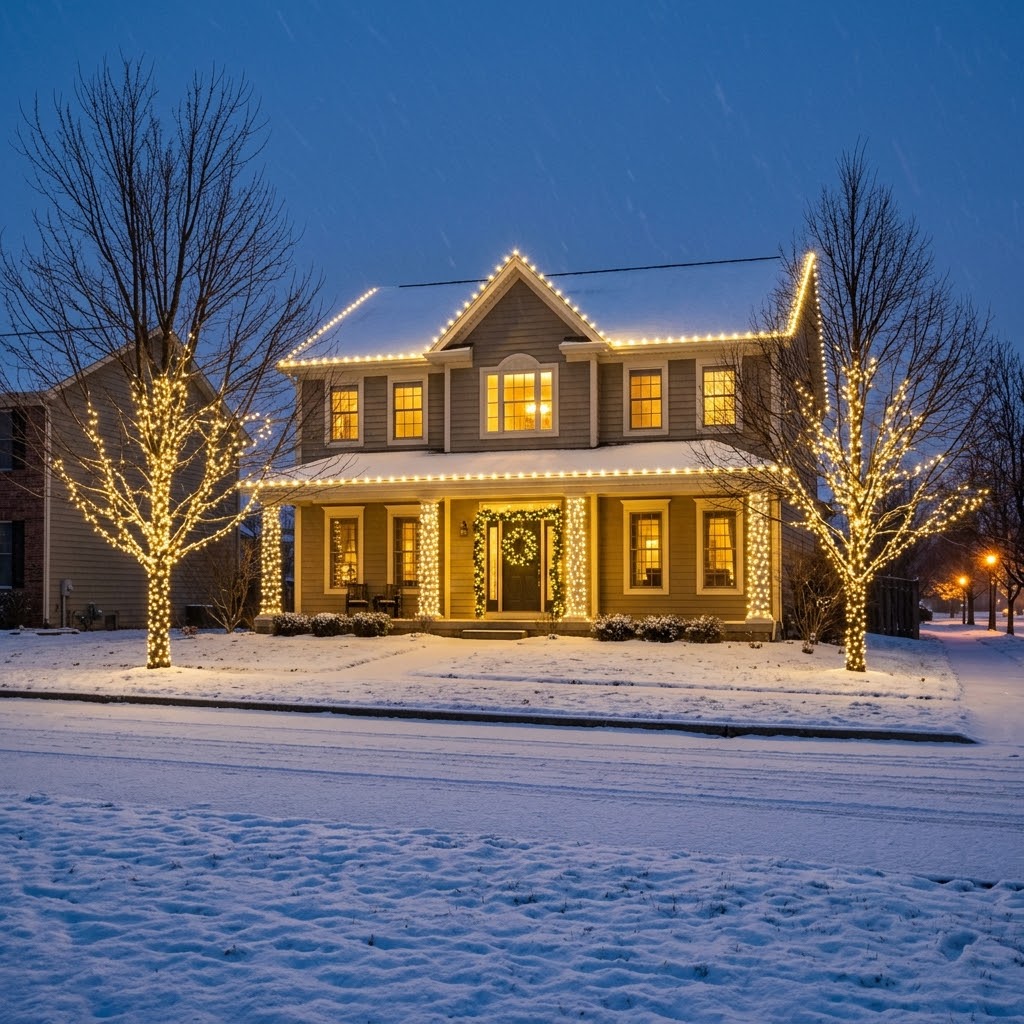 A lit home on a snowy evening