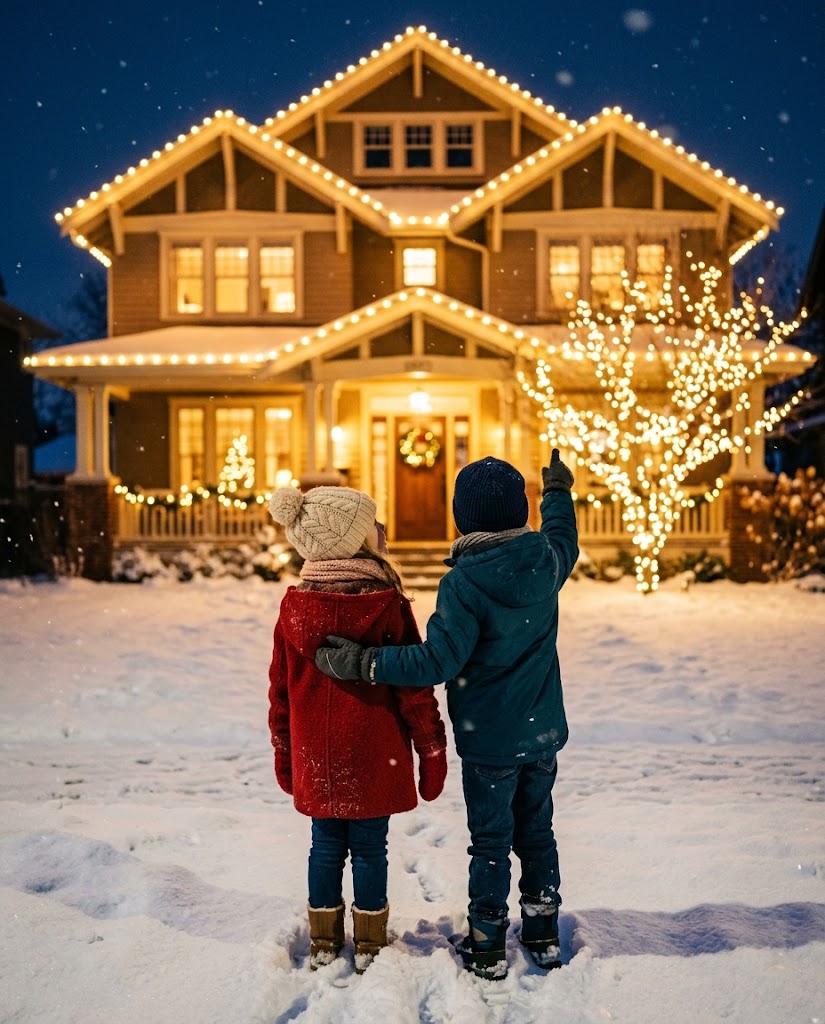 A family looking up at their home lit for Christmas