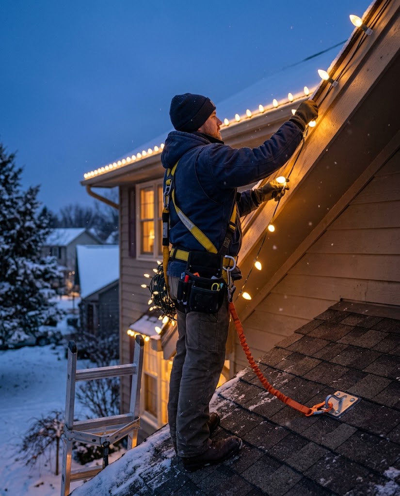 Our insured crew safely installing Christmas lights on a roof